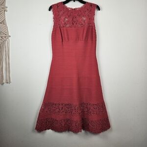 Tadashi Shonji Corded Embroidery on Tulle Pintuck Jersey Boatneck Dress M